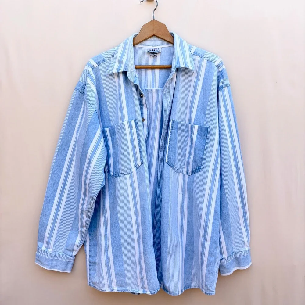 Vintage Exit Button Down Mens XL Blue Striped Denim Shirt Long Sleeve Western - Picture 1 of 9
